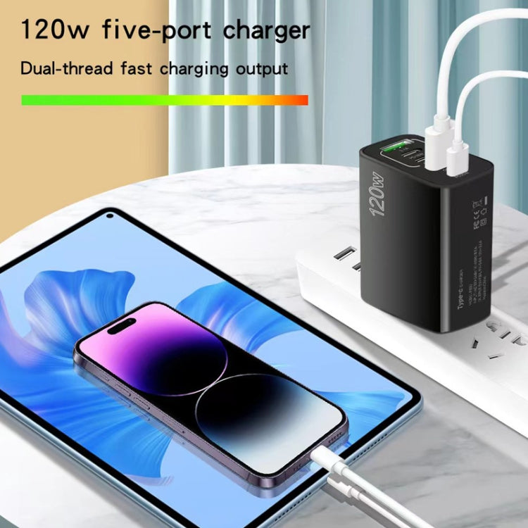 120W PD3.0 3ポートType-C 2ポートUSB マルチポート急速充電器 Type-C to Type-Cケーブル付き、UKプラグ、UKプラグ＋C to Cケーブル