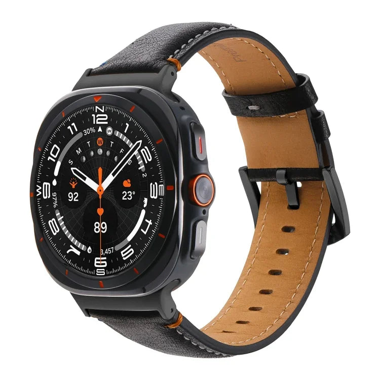 Samsung Galaxy Watch Ultra 47mm用ステッチ入りブラックバックル本革ウォッチバンド