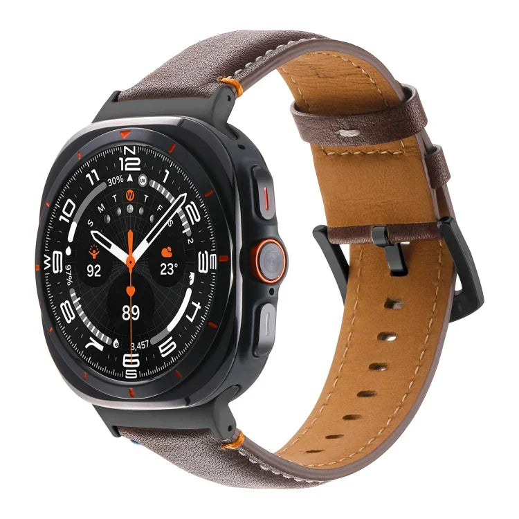 Samsung Galaxy Watch Ultra 47mm用ステッチ入りブラックバックル本革ウォッチバンド