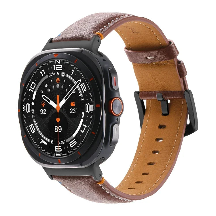 Samsung Galaxy Watch Ultra 47mm用ステッチ入りブラックバックル本革ウォッチバンド