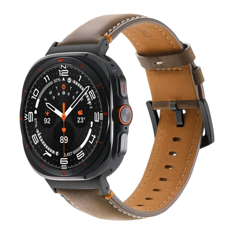 Samsung Galaxy Watch Ultra 47mm用ステッチ入りブラックバックル本革ウォッチバンド