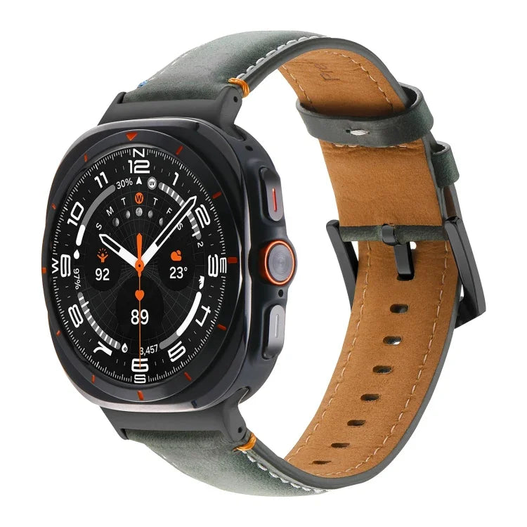 Samsung Galaxy Watch Ultra 47mm用ステッチ入りブラックバックル本革ウォッチバンド