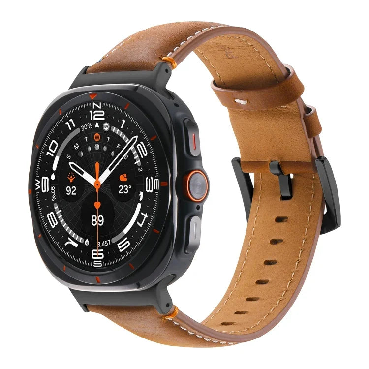 Samsung Galaxy Watch Ultra 47mm用ステッチ入りブラックバックル本革ウォッチバンド