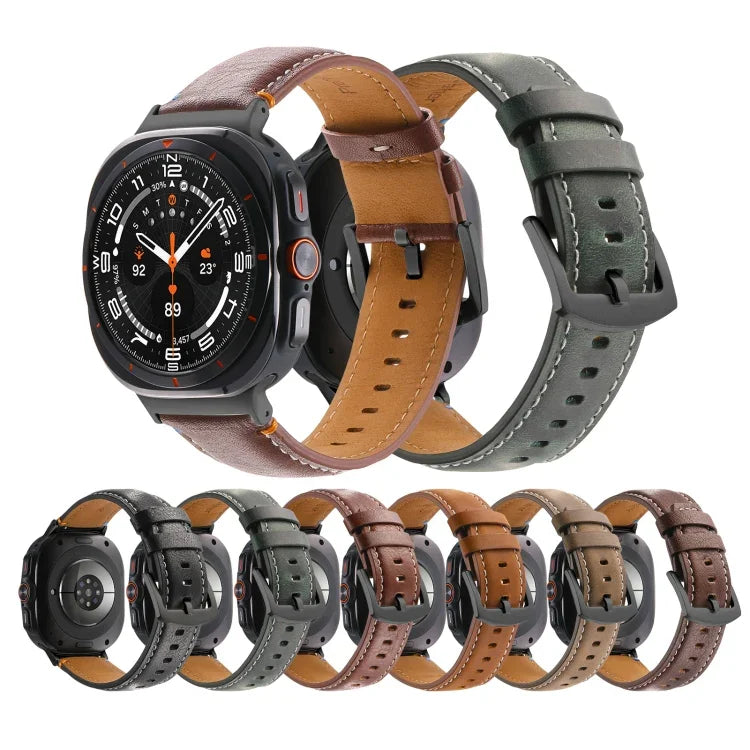 Samsung Galaxy Watch Ultra 47mm用ステッチ入りブラックバックル本革ウォッチバンド