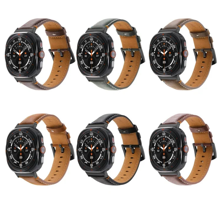 Samsung Galaxy Watch Ultra 47mm用ステッチ入りブラックバックル本革ウォッチバンド