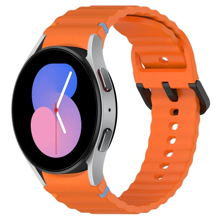 波状グレインステッチブラックバックルシリコンウォッチバンド、Samsung Galaxy Watch 5 40 / 44mm用、Samsung Galaxy Watch 5 Pro用、Samsung Galaxy Watch 4 40 / 44mm用、Samsung Galaxy Watch 4 Classic 42 / 46mm用