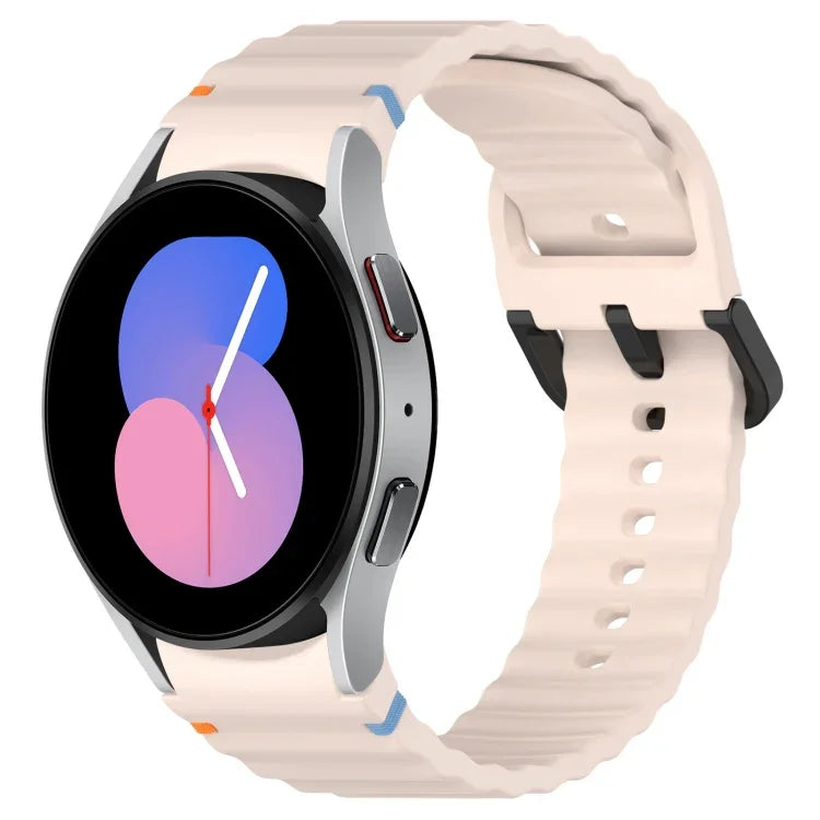 波状グレインステッチブラックバックルシリコンウォッチバンド、Samsung Galaxy Watch 5 40 / 44mm用、Samsung Galaxy Watch 5 Pro用、Samsung Galaxy Watch 4 40 / 44mm用、Samsung Galaxy Watch 4 Classic 42 / 46mm用
