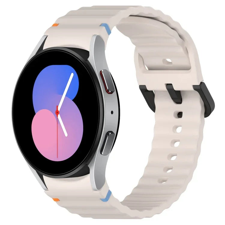 波状グレインステッチブラックバックルシリコンウォッチバンド、Samsung Galaxy Watch 5 40 / 44mm用、Samsung Galaxy Watch 5 Pro用、Samsung Galaxy Watch 4 40 / 44mm用、Samsung Galaxy Watch 4 Classic 42 / 46mm用