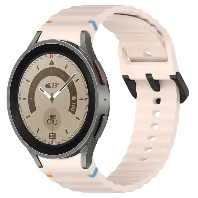 波状グレインステッチブラックバックルシリコンウォッチバンド、Samsung Galaxy Watch 5 40 / 44mm用、Samsung Galaxy Watch 5 Pro用、Samsung Galaxy Watch 4 40 / 44mm用、Samsung Galaxy Watch 4 Classic 42 / 46mm用