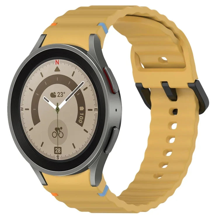 波状グレインステッチブラックバックルシリコンウォッチバンド、Samsung Galaxy Watch 5 40 / 44mm用、Samsung Galaxy Watch 5 Pro用、Samsung Galaxy Watch 4 40 / 44mm用、Samsung Galaxy Watch 4 Classic 42 / 46mm用