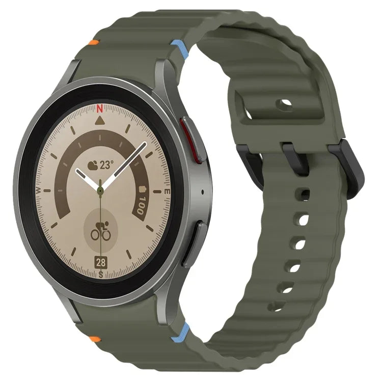 波状グレインステッチブラックバックルシリコンウォッチバンド、Samsung Galaxy Watch 5 40 / 44mm用、Samsung Galaxy Watch 5 Pro用、Samsung Galaxy Watch 4 40 / 44mm用、Samsung Galaxy Watch 4 Classic 42 / 46mm用