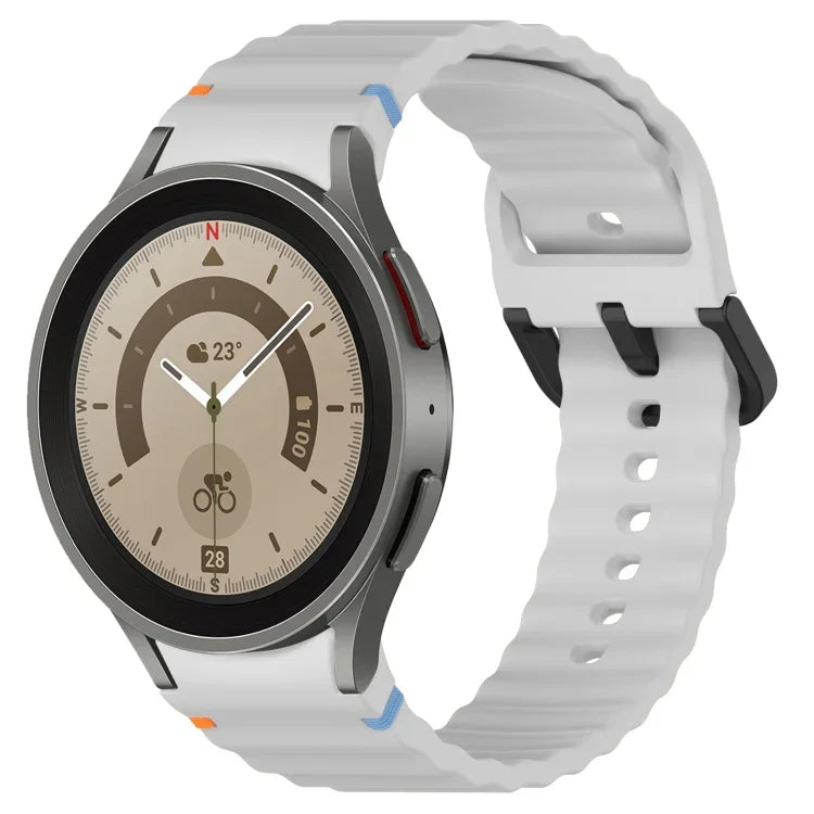 波状グレインステッチブラックバックルシリコンウォッチバンド、Samsung Galaxy Watch 5 40 / 44mm用、Samsung Galaxy Watch 5 Pro用、Samsung Galaxy Watch 4 40 / 44mm用、Samsung Galaxy Watch 4 Classic 42 / 46mm用