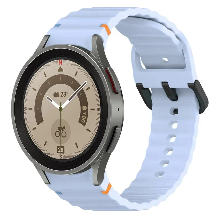 波状グレインステッチブラックバックルシリコンウォッチバンド、Samsung Galaxy Watch 5 40 / 44mm用、Samsung Galaxy Watch 5 Pro用、Samsung Galaxy Watch 4 40 / 44mm用、Samsung Galaxy Watch 4 Classic 42 / 46mm用