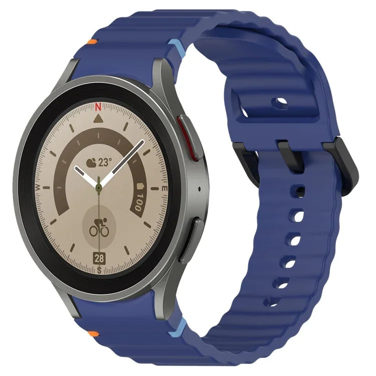 波状グレインステッチブラックバックルシリコンウォッチバンド、Samsung Galaxy Watch 5 40 / 44mm用、Samsung Galaxy Watch 5 Pro用、Samsung Galaxy Watch 4 40 / 44mm用、Samsung Galaxy Watch 4 Classic 42 / 46mm用