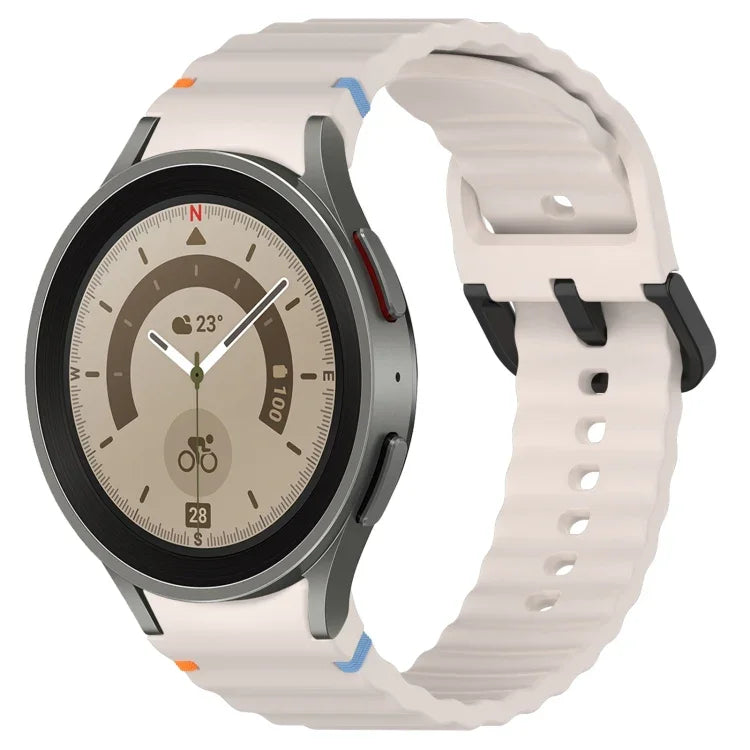 波状グレインステッチブラックバックルシリコンウォッチバンド、Samsung Galaxy Watch 5 40 / 44mm用、Samsung Galaxy Watch 5 Pro用、Samsung Galaxy Watch 4 40 / 44mm用、Samsung Galaxy Watch 4 Classic 42 / 46mm用