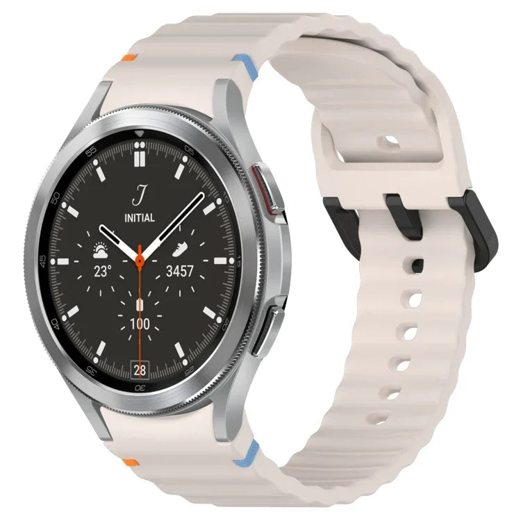 波状グレインステッチブラックバックルシリコンウォッチバンド、Samsung Galaxy Watch 5 40 / 44mm用、Samsung Galaxy Watch 5 Pro用、Samsung Galaxy Watch 4 40 / 44mm用、Samsung Galaxy Watch 4 Classic 42 / 46mm用