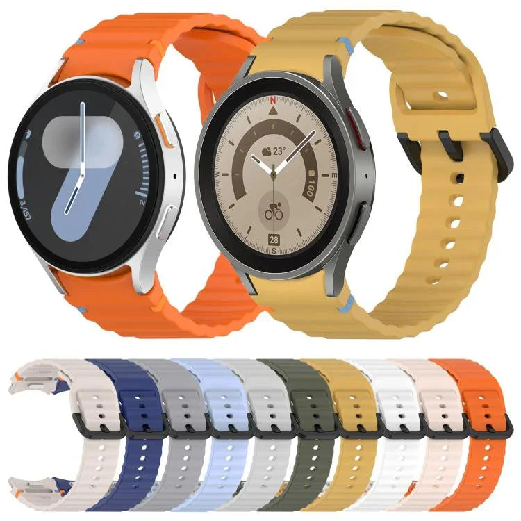 波状グレインステッチブラックバックルシリコンウォッチバンド、Samsung Galaxy Watch 5 40 / 44mm用、Samsung Galaxy Watch 5 Pro用、Samsung Galaxy Watch 4 40 / 44mm用、Samsung Galaxy Watch 4 Classic 42 / 46mm用