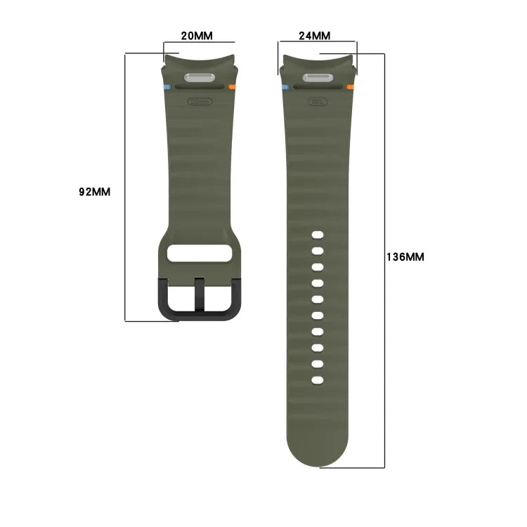 波状グレインステッチブラックバックルシリコンウォッチバンド、Samsung Galaxy Watch 5 40 / 44mm用、Samsung Galaxy Watch 5 Pro用、Samsung Galaxy Watch 4 40 / 44mm用、Samsung Galaxy Watch 4 Classic 42 / 46mm用