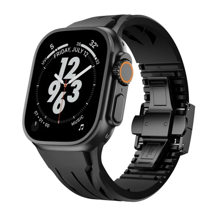 テイラーステンレススチールブラックバタフライバックルシリコンウォッチバンド、Apple Watch 44mm / 45mm / 46mm / 49mm用