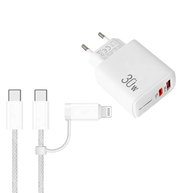 PD31 30W USB-C / Type-C + USB-A 充電器 Type-C+8ピン 2-in-1 データケーブル付き、EUプラグ、EUプラグ + 2-in-1 データケーブル