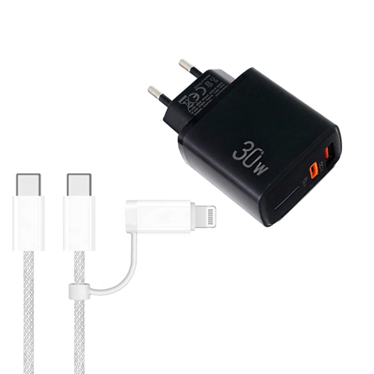 PD31 30W USB-C / Type-C + USB-A 充電器 Type-C+8ピン 2-in-1 データケーブル付き、EUプラグ、EUプラグ + 2-in-1 データケーブル