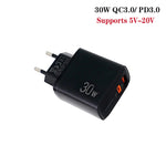 PD31 30W USB-C / Type-C + USB-A 充電器 Type-C+8ピン 2-in-1 データケーブル付き、EUプラグ、EUプラグ + 2-in-1 データケーブル