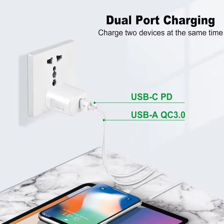 PD31 30W USB-C / Type-C + USB-A 充電器 Type-C+8ピン 2-in-1 データケーブル付き、EUプラグ、EUプラグ + 2-in-1 データケーブル