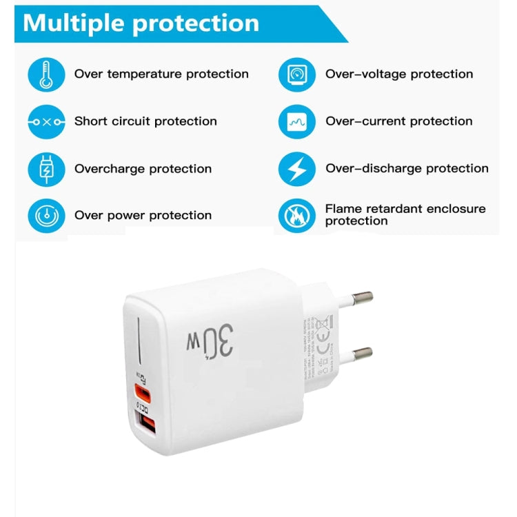 PD31 30W USB-C / Type-C + USB-A 充電器 Type-C+8ピン 2-in-1 データケーブル付き、EUプラグ、EUプラグ + 2-in-1 データケーブル
