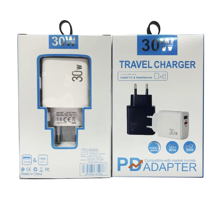 PD31 30W USB-C / Type-C + USB-A 充電器 Type-C+8ピン 2-in-1 データケーブル付き、EUプラグ、EUプラグ + 2-in-1 データケーブル