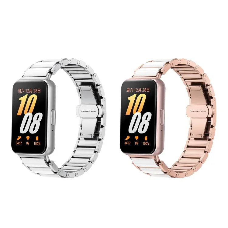 バタフライバックルセラミックホワイトメタル時計バンド、Samsung Galaxy Fit 3用