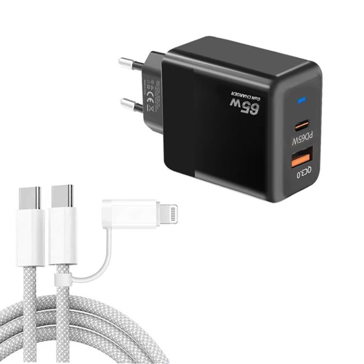 PD41 GaN PD 45W + USB 充電器 USB-C to USB-C / 8ピン データケーブル付き iPhone用、EUプラグ、EUプラグ