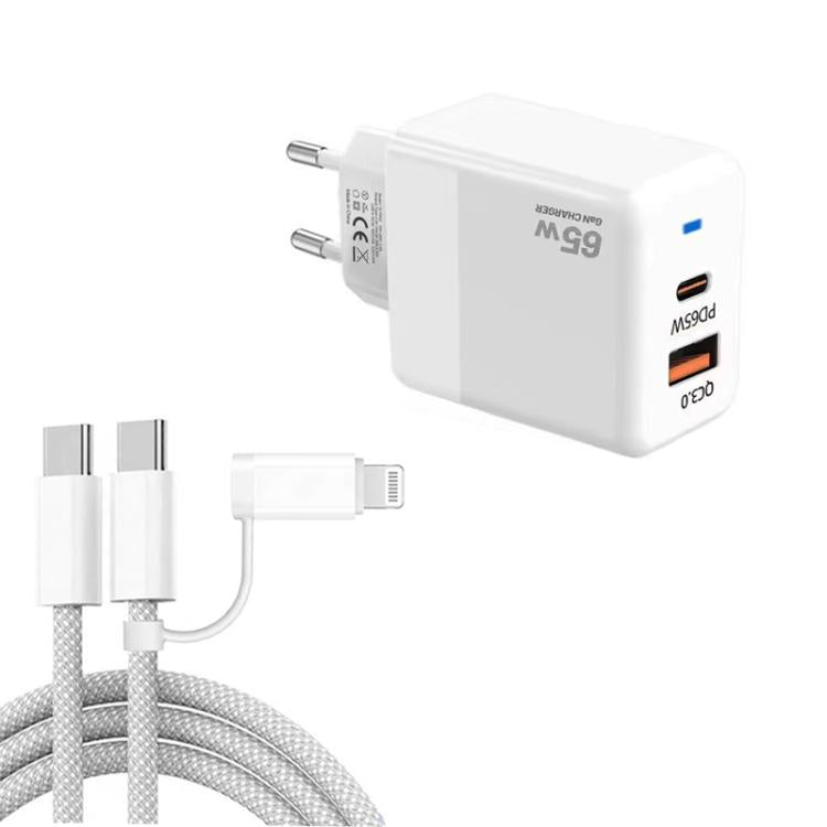 PD41 GaN PD 45W + USB 充電器 USB-C to USB-C / 8ピン データケーブル付き iPhone用、EUプラグ、EUプラグ