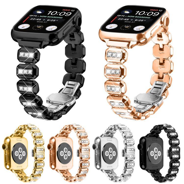 小さなスクエアダイヤモンド バタフライバックル ウォッチバンド、Apple Watch 46mm / 49mm / 45mm / 44mm用、Apple Watch 42mm / 41mm / 40mm / 38mm用