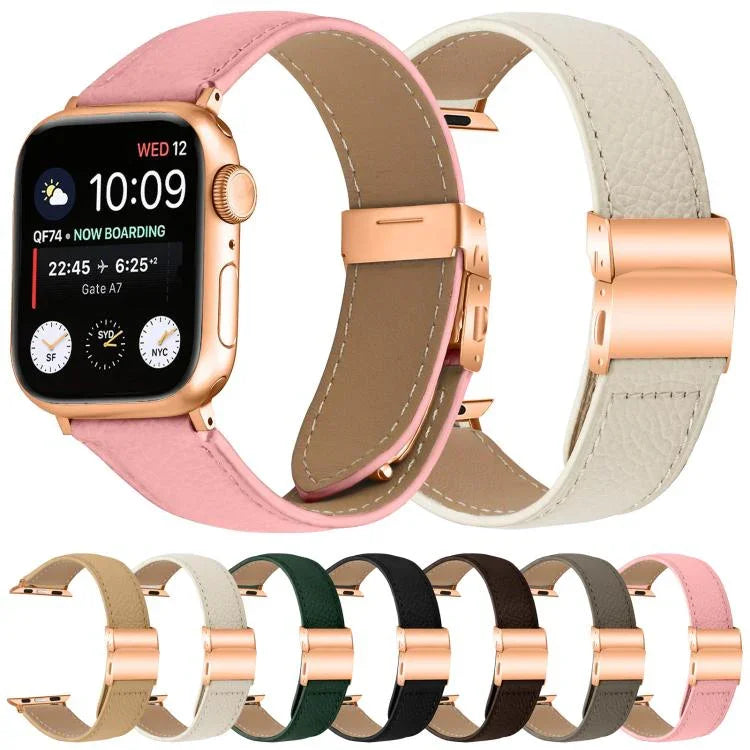ライチテクスチャーローズゴールドカメ甲バックルレザーバンド、Apple Watch 46mm / 49mm / 45mm / 44mm用、Apple Watch 42mm / 41mm / 40mm / 38mm用