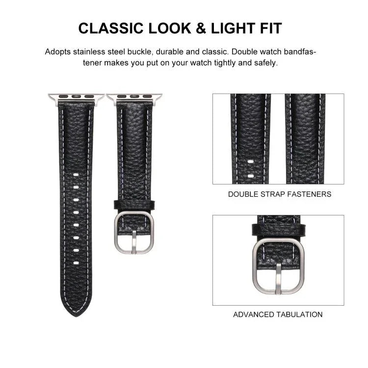 スクエアバックル ライチテクスチャ 本革 ウォッチバンド、Apple Watch 46mm / 49mm / 45mm / 44mm 用、Apple Watch 42mm / 41mm / 40mm / 38mm 用