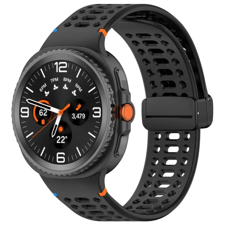 マグネットブラックバックル 通気性ステッチ入りシリコンウォッチバンド、Samsung Galaxy Watch8 / Watch8 Classic用