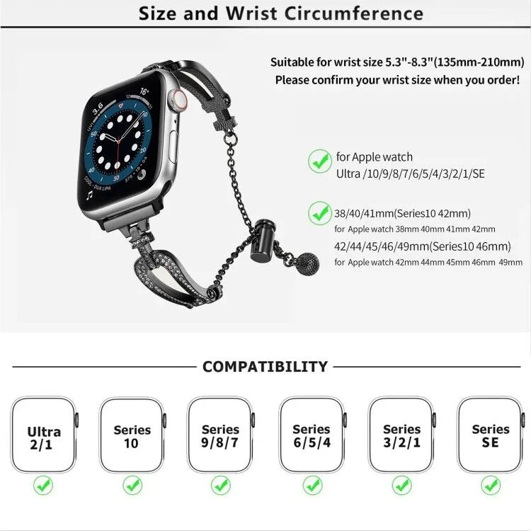U字型ダイヤモンドブレスレット亜鉛合金ウォッチバンド、Apple Watch 46mm / 49mm / 45mm / 44mm用、Apple Watch 42mm / 41mm / 40mm / 38mm用