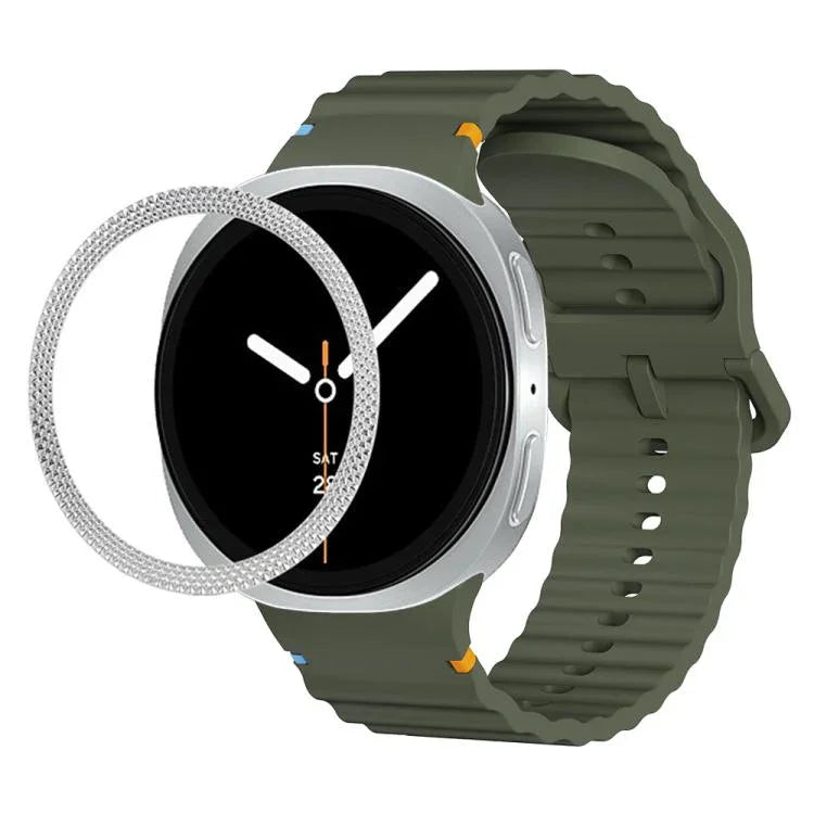 ひし形テクスチャーベゼルと波状グレインステッチカラーバックルシリコンウォッチバンド、Samsung Galaxy Watch8 44mm用、Samsung Galaxy Watch8 40mm用