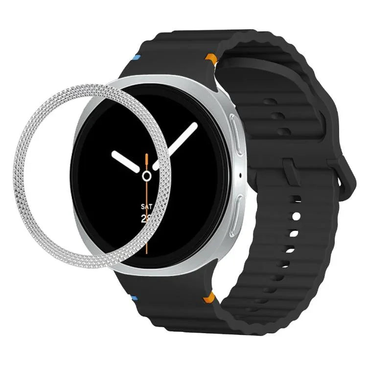 ひし形テクスチャーベゼルと波状グレインステッチカラーバックルシリコンウォッチバンド、Samsung Galaxy Watch8 44mm用、Samsung Galaxy Watch8 40mm用