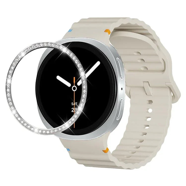 ダイヤモンドベゼルと波状グレインステッチカラーバックルシリコンウォッチバンド、Samsung Galaxy Watch8 44mm用、Samsung Galaxy Watch8 40mm用