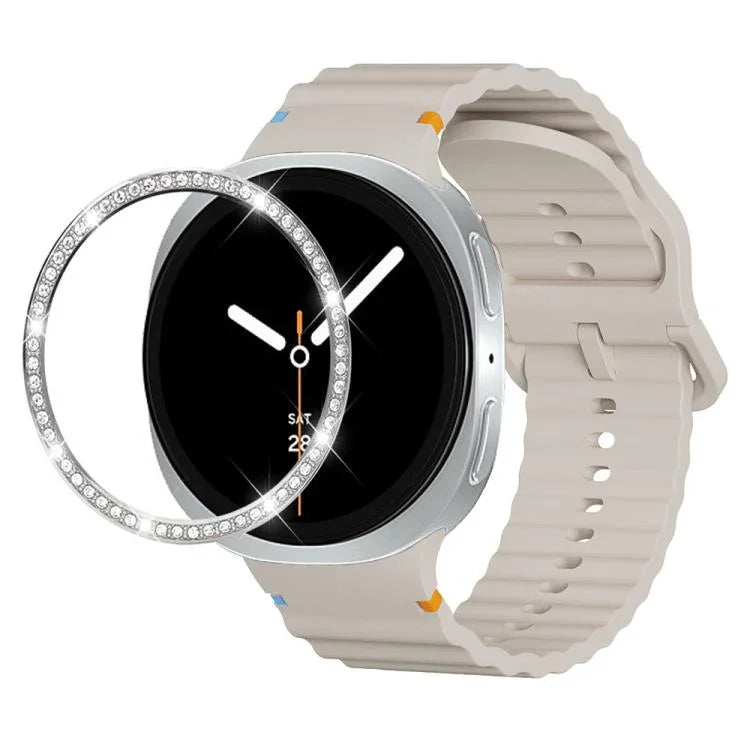 ダイヤモンドベゼルと波状グレインステッチカラーバックルシリコンウォッチバンド、Samsung Galaxy Watch8 44mm用、Samsung Galaxy Watch8 40mm用