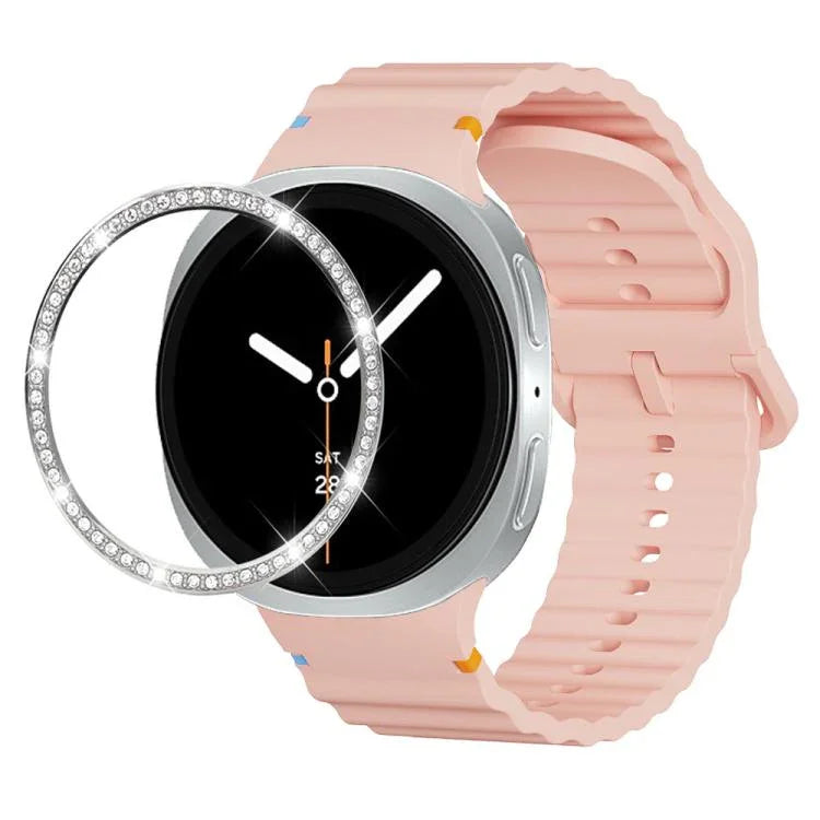 ダイヤモンドベゼルと波状グレインステッチカラーバックルシリコンウォッチバンド、Samsung Galaxy Watch8 44mm用、Samsung Galaxy Watch8 40mm用