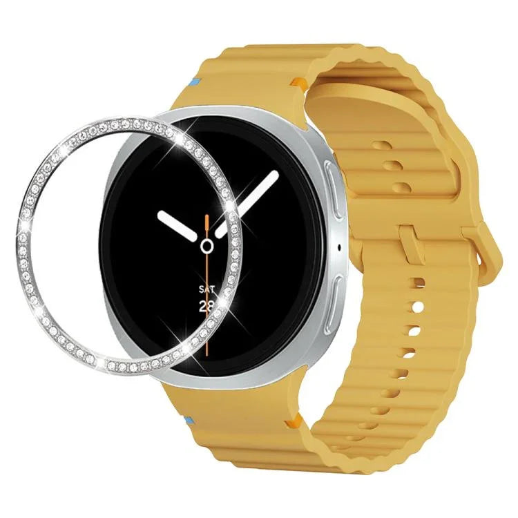 ダイヤモンドベゼルと波状グレインステッチカラーバックルシリコンウォッチバンド、Samsung Galaxy Watch8 44mm用、Samsung Galaxy Watch8 40mm用