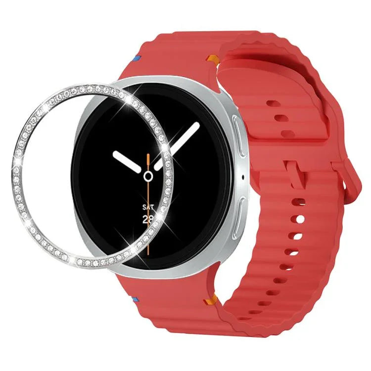 ダイヤモンドベゼルと波状グレインステッチカラーバックルシリコンウォッチバンド、Samsung Galaxy Watch8 44mm用、Samsung Galaxy Watch8 40mm用