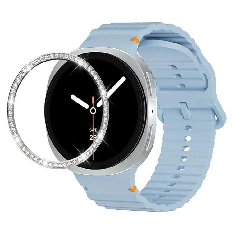 ダイヤモンドベゼルと波状グレインステッチカラーバックルシリコンウォッチバンド、Samsung Galaxy Watch8 44mm用、Samsung Galaxy Watch8 40mm用