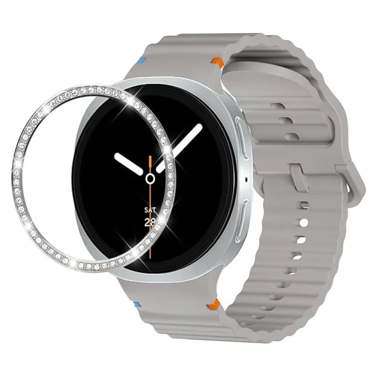 ダイヤモンドベゼルと波状グレインステッチカラーバックルシリコンウォッチバンド、Samsung Galaxy Watch8 44mm用、Samsung Galaxy Watch8 40mm用