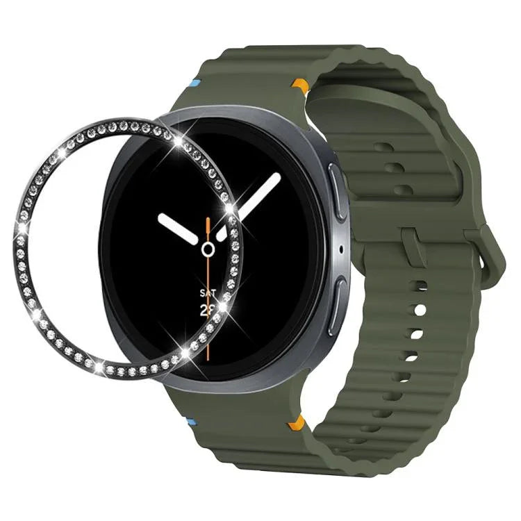 ダイヤモンドベゼルと波状グレインステッチカラーバックルシリコンウォッチバンド、Samsung Galaxy Watch8 44mm用、Samsung Galaxy Watch8 40mm用