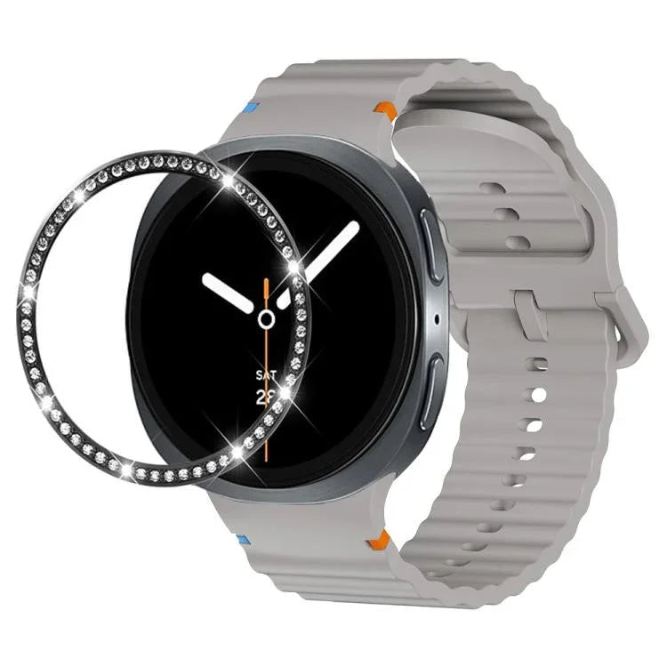 ダイヤモンドベゼルと波状グレインステッチカラーバックルシリコンウォッチバンド、Samsung Galaxy Watch8 44mm用、Samsung Galaxy Watch8 40mm用