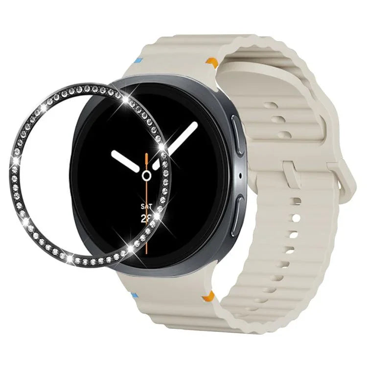 ダイヤモンドベゼルと波状グレインステッチカラーバックルシリコンウォッチバンド、Samsung Galaxy Watch8 44mm用、Samsung Galaxy Watch8 40mm用