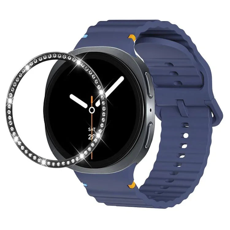 ダイヤモンドベゼルと波状グレインステッチカラーバックルシリコンウォッチバンド、Samsung Galaxy Watch8 44mm用、Samsung Galaxy Watch8 40mm用
